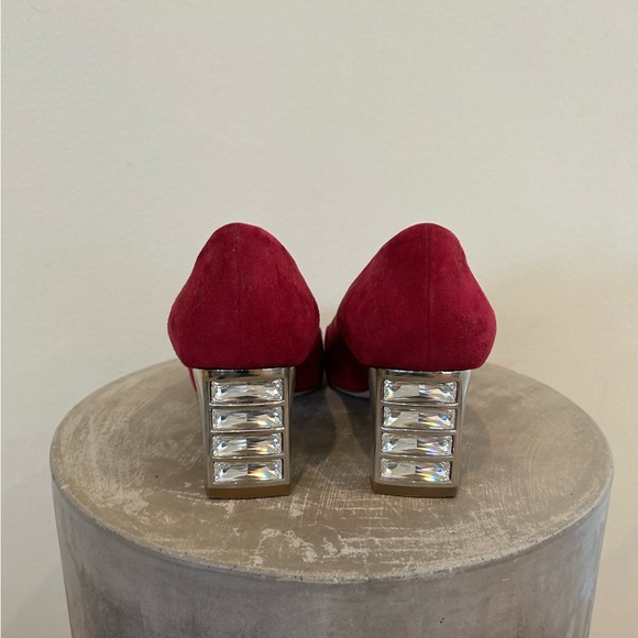 Miu Miu Pink Suede Crystal Embellished Block Heel - Picture 3 of 5